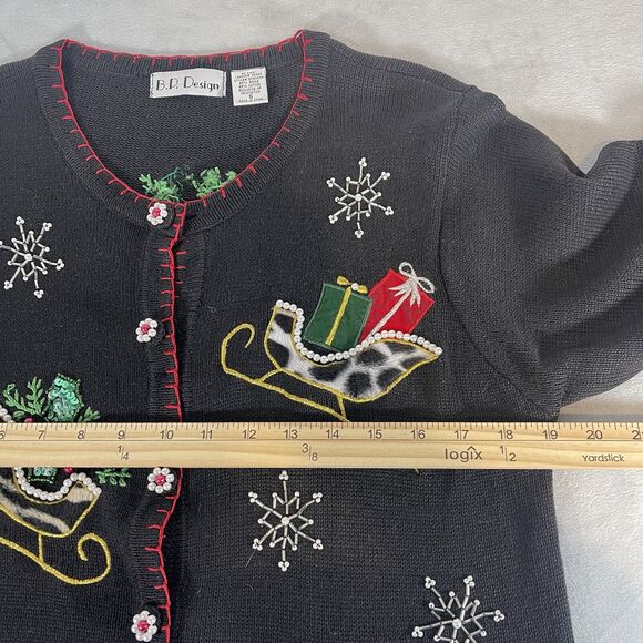 BP Design Ugly Christmas Sweater Cardigan Beaded Sz S Black Sequin Sleds Holiday - Picture 8 of 9